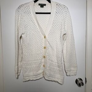 Eddie Bauer Women's Ivory Knit Cardigan V-Neck Button Down Knit Sweater Large